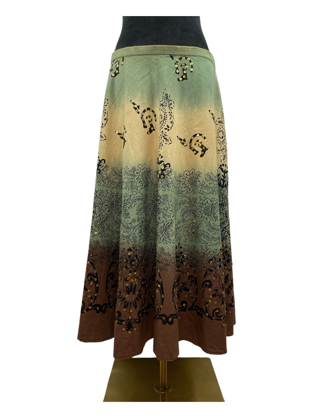 Vintage Y2K Forbidden Cotton Sequin Paisley Print Midi Skirt Low Rise Boho M